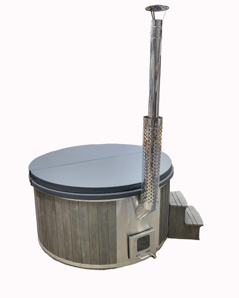 Hot Tub 200cm Fiberglass mit Holzofen und Luxusausstattung, Thermo Deckel,LED-beleuchtung, Inkl Holzofen